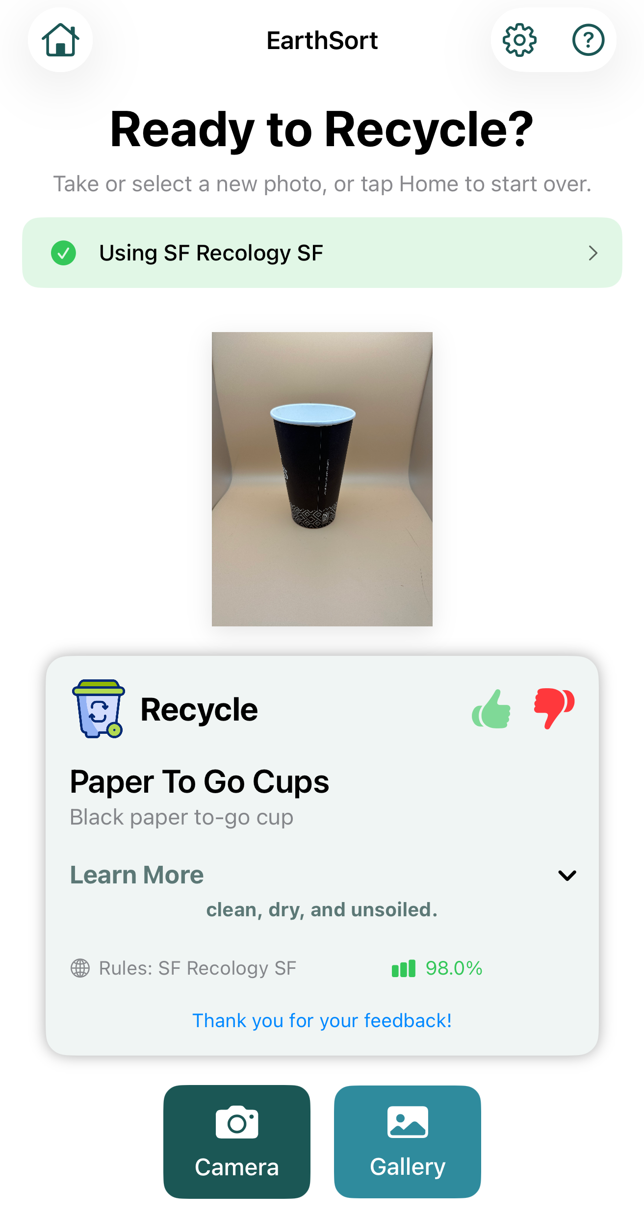 EarthSort feedback confirmation for a coffee cup scan